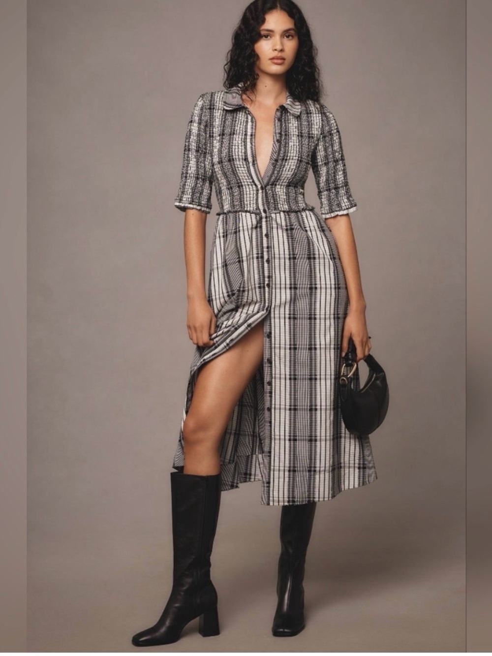 Maeve Short-Sleeve Smocked Midi Shirt Plaid Dress Small NWOT